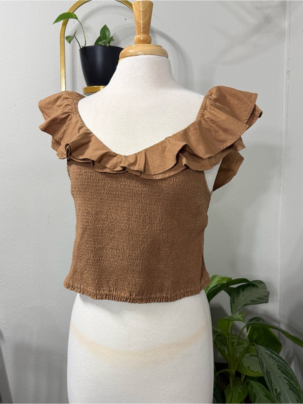 Maeve by Anthropologie 16W Brown Smocked Ruffle Crop Top Cottagecore